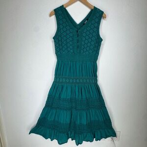 Vintage Crochet Tiered Button Midi Dress Medium Teal Indie Granola Festival Boho